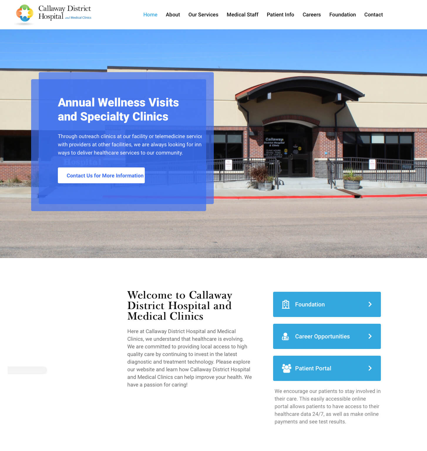 a screenshot of Callaway District Hospital's relatively minimalist homepage 